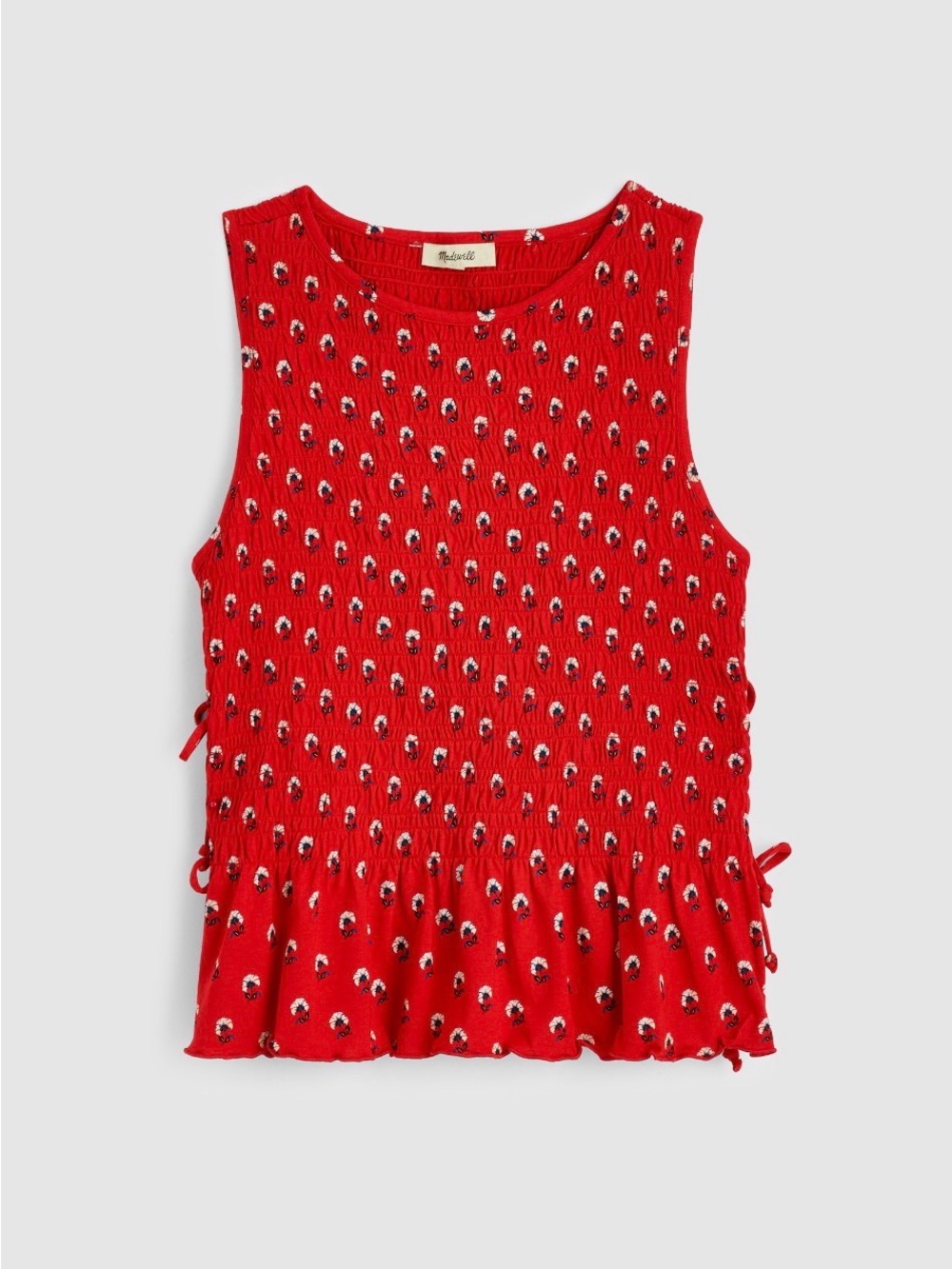 Madewell Red Sleeveless Smocked Peplum Top with Blue & White Floral Dots